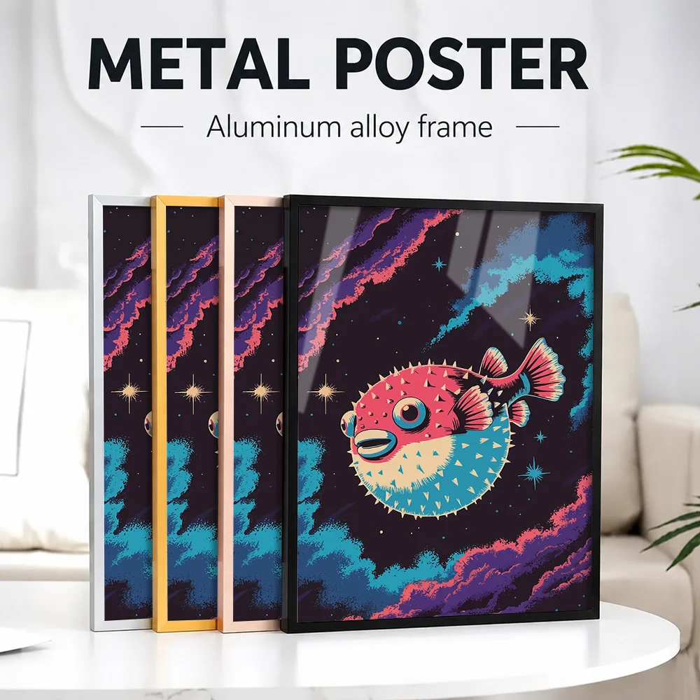 Pufferfish In Space Metal Poster With Aluminum Alloy Frame Personalized Photo Futuristic Style Wall Art For Study Explorer Gift