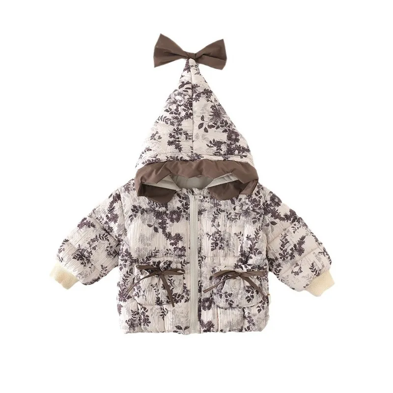 

HoneyCherry Girls Baby Hooded Warm Cotton Coat Jacket Children Full Print Floral Jacket Thickened Tops Kids Jackets for Girls