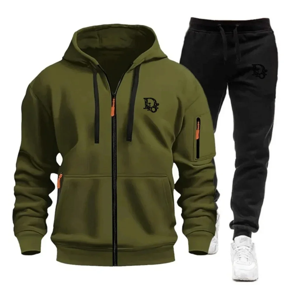 2026 Men's Tracksuit Hoodie Sweatpants Set Black Letter Print Zipper Jacket Jogger Pants Casual Fashion Autumn Winter Outfit