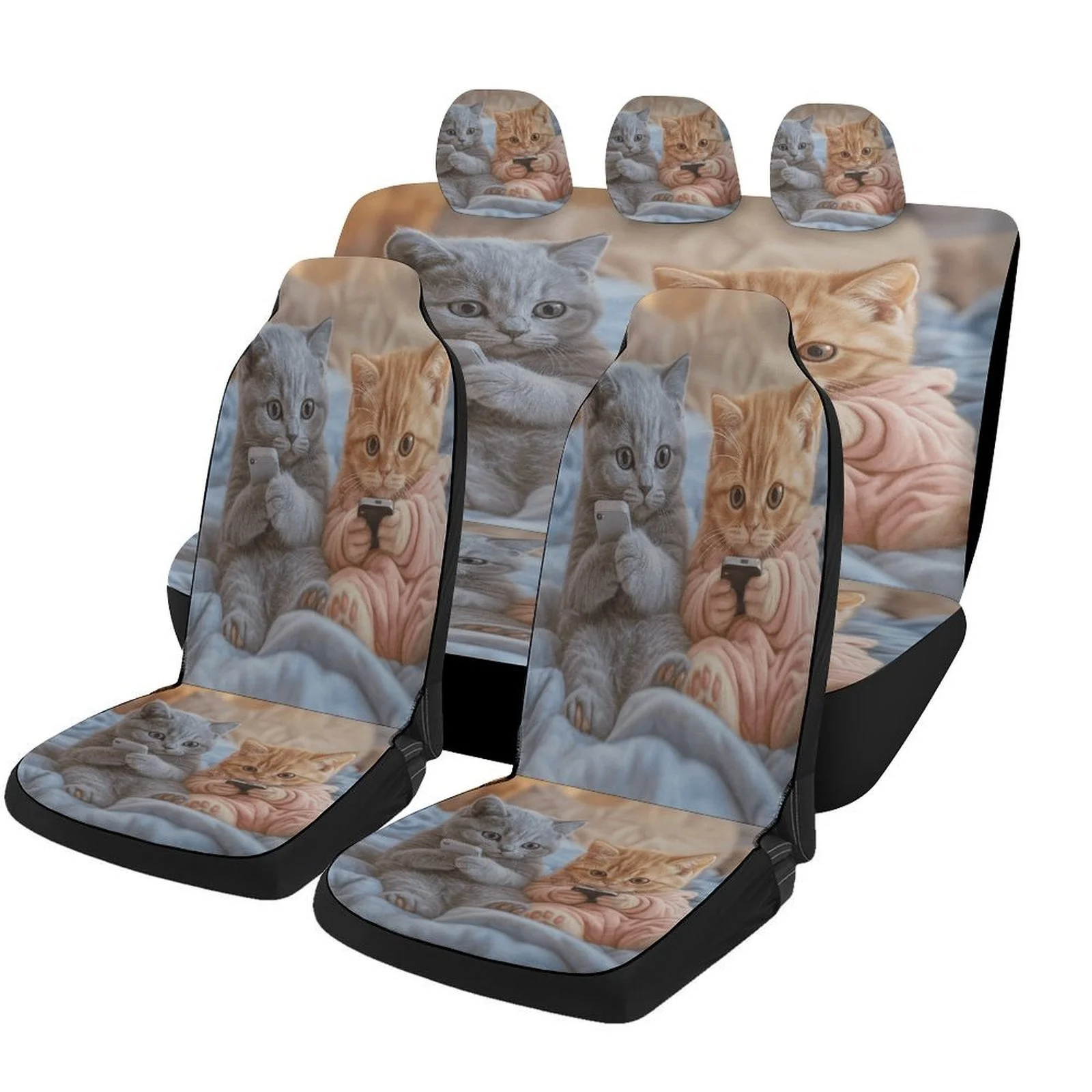 A Complete Set Of Car Seat Covers Featuring A Cat And Phone Theme, Designed To Fit Most Vehicles. These Stylish And Comfortable