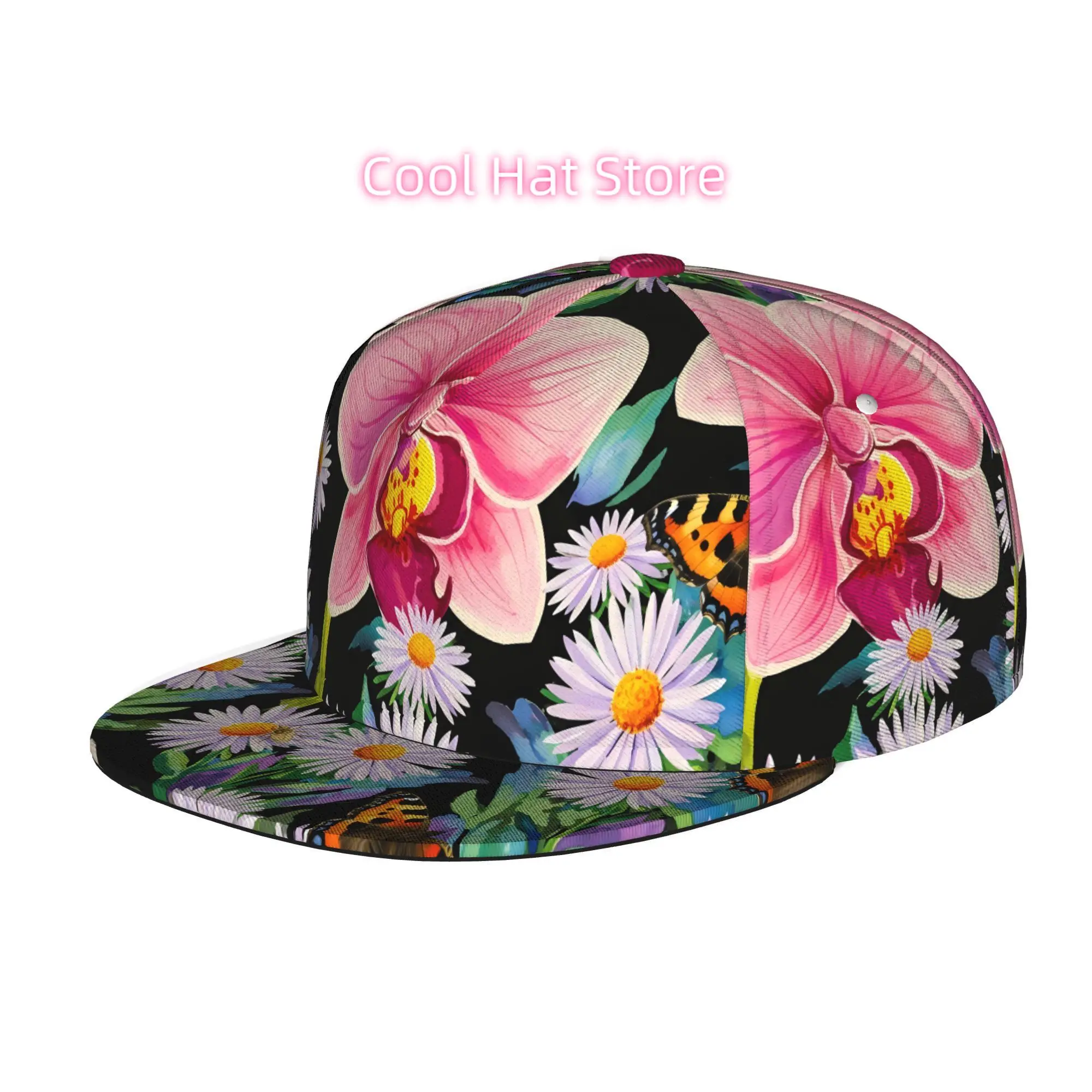 Men' & Women' Orchid Daisies & Butterflies Snapback Trucker Hat - Adjustable Flat Brim Cap with Orchid Flower Print, Soft Street