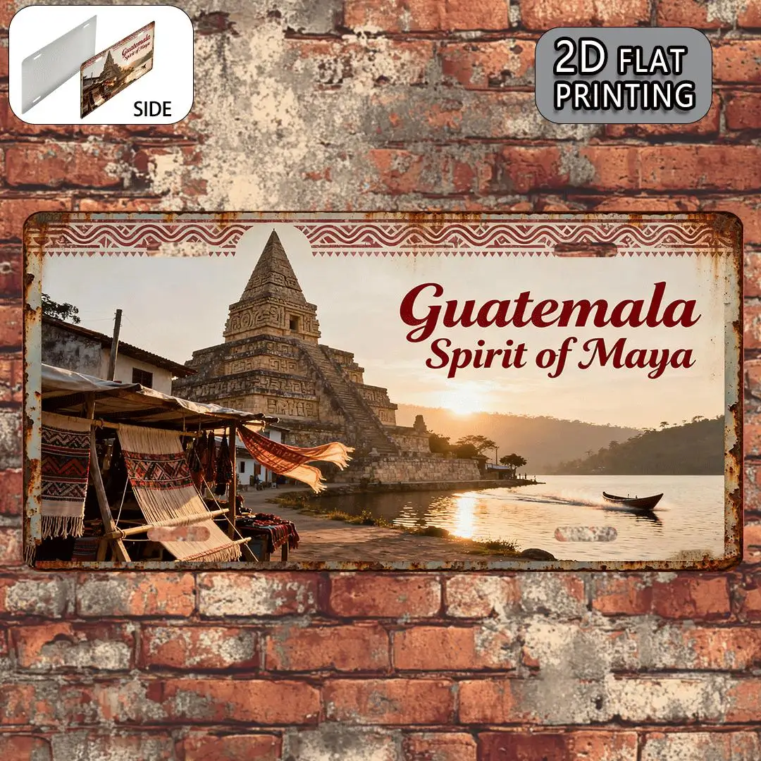 2D Flat, 1pc Vintage Metal Aluminum License Plate from Guatemala Maya, Cultural Gift, Mystical Decor for Decoration Only