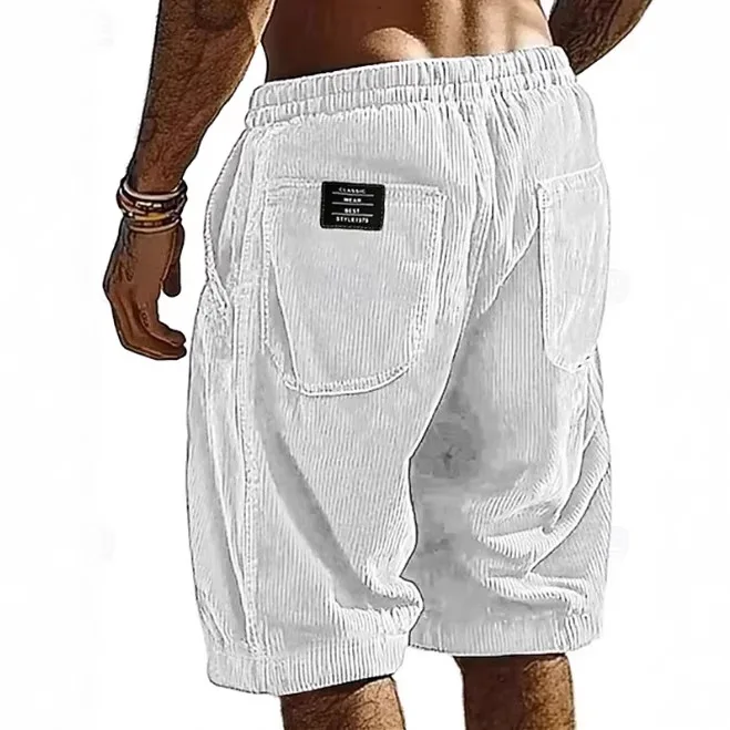 Men's Spring/Summer Corduroy Drawstring Shorts with Relaxed Fit and Casual Pockets, Featuring a Label and a Street Style Look.