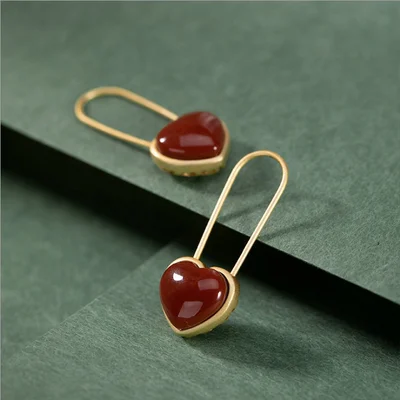 

Jewelry 2021 New Accessories Silver Gilded Agate Love Heart Shape Earrings Palace Style Lucky Gift