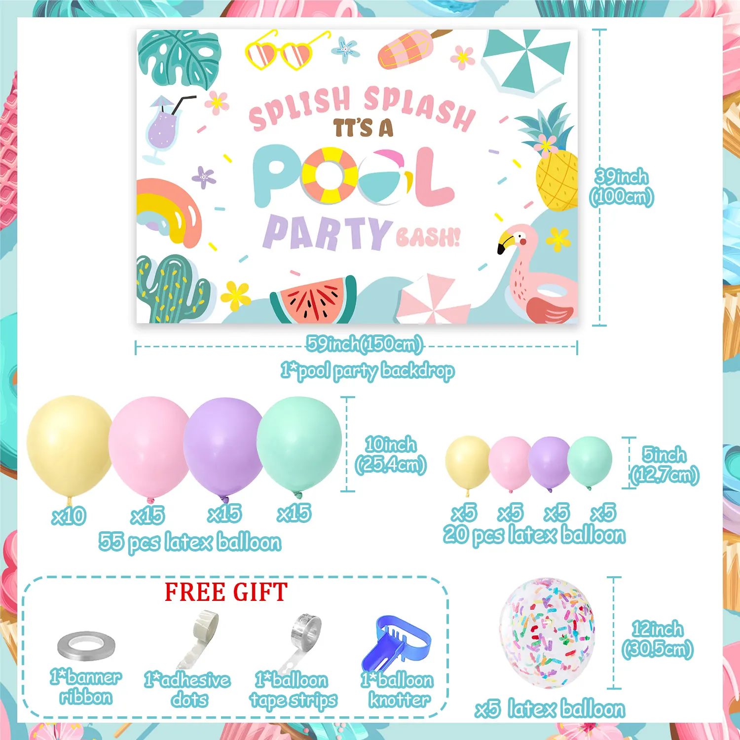 Pastel Pool Party Decorations Balloon Garland Splish Splash Pool Party Backdrop Girls Beach Pool Theme Birthday Party Decoration