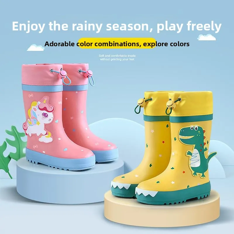 

Children's Rubber Rain Boots High-Cut Waterproof Non-Slip Dinosaur Cartoon Design Cute ex Home Use Rain oes