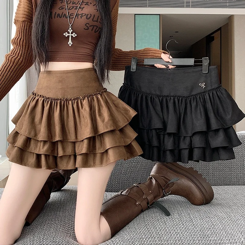 

High Waist Ballet Sle Deer Skin Velvet Cake Skirt Women's Autumn Winter Puffy ort A-Line f-length Skirts with Lace