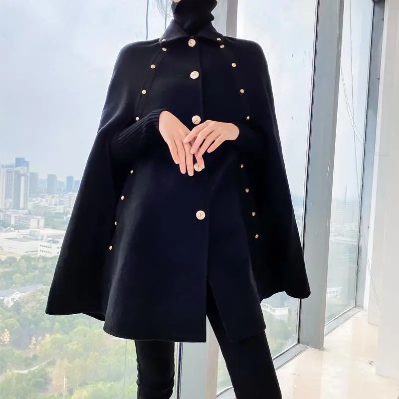 High Quality Black Cape Woolen Shawl Coat Korean Women Autumn Winter Mid-Length Loose Vintage Golden Button Cloak Wool Coat