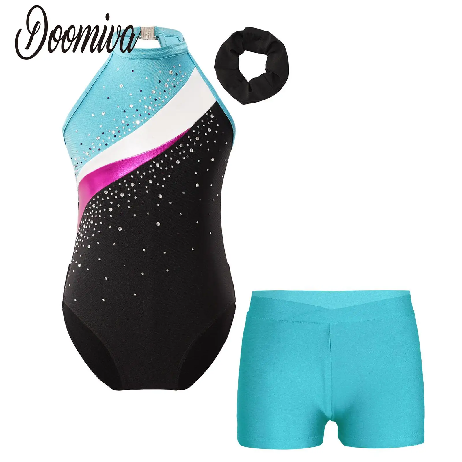 

Kids Girls Gymnastic Leotards Rhythmic Dance Outfit Skating Ballet Dance Costume Rhinestones Bodysuit And Shorts with Hair Band