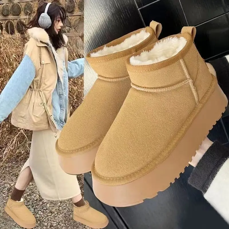 

Luxury Winter Women Short Plush Warm Snow Boots Casual Shoes New Suede Fur Ankle Boots Flats Platform Ladies Shoes 4cm Thick