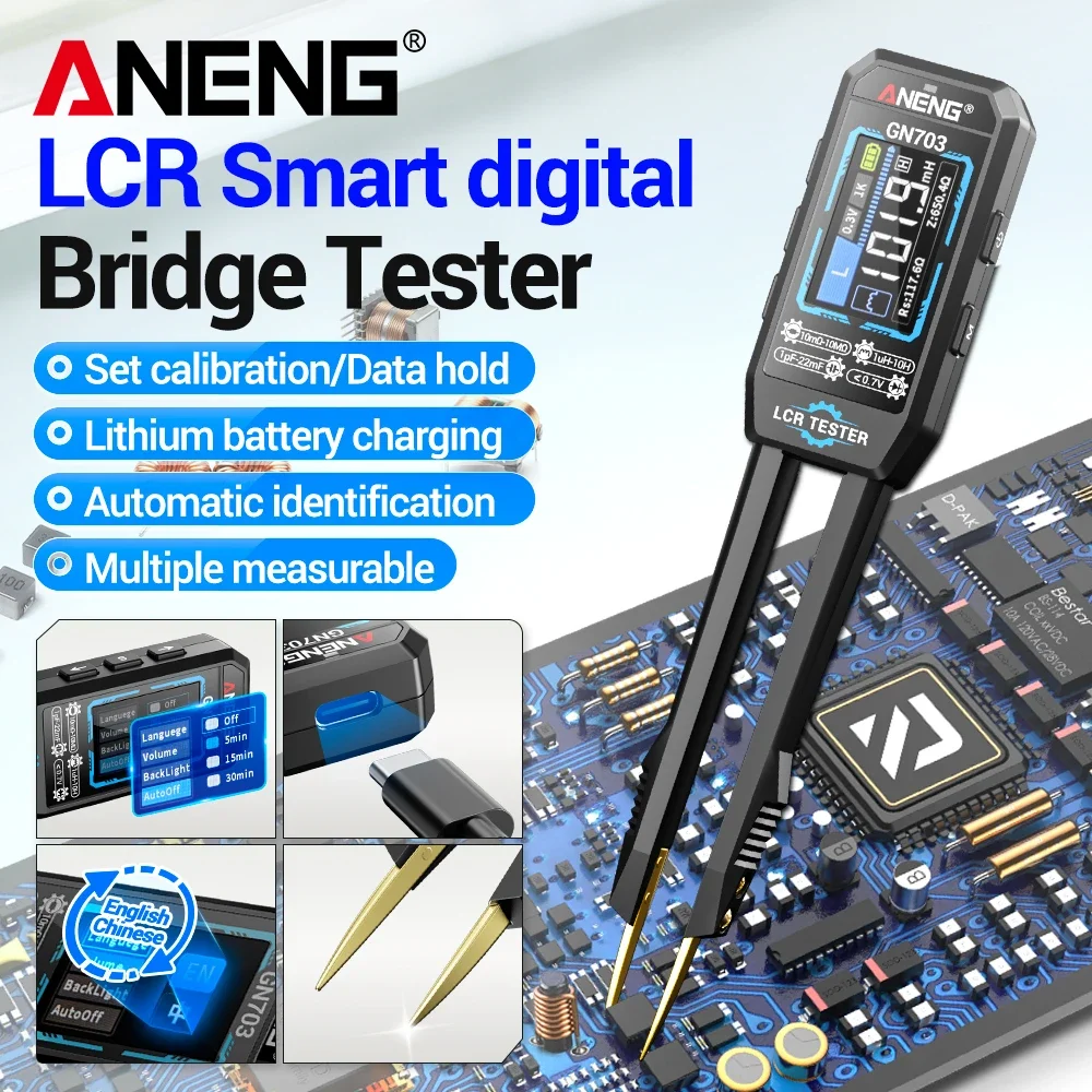 ANENG GN703 Smart Tweezers LCR Meter SMD ESR Tester Capacitance Resistance Inductance Digital LCR Bridge Portable Repair Tool
