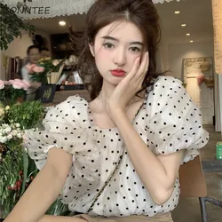 Blouses Women Polka Dot Chiffon Sweet Girls Puff Short Sleeve Solid Pleated Korean Fashion Students Square Collar Shirts Summer