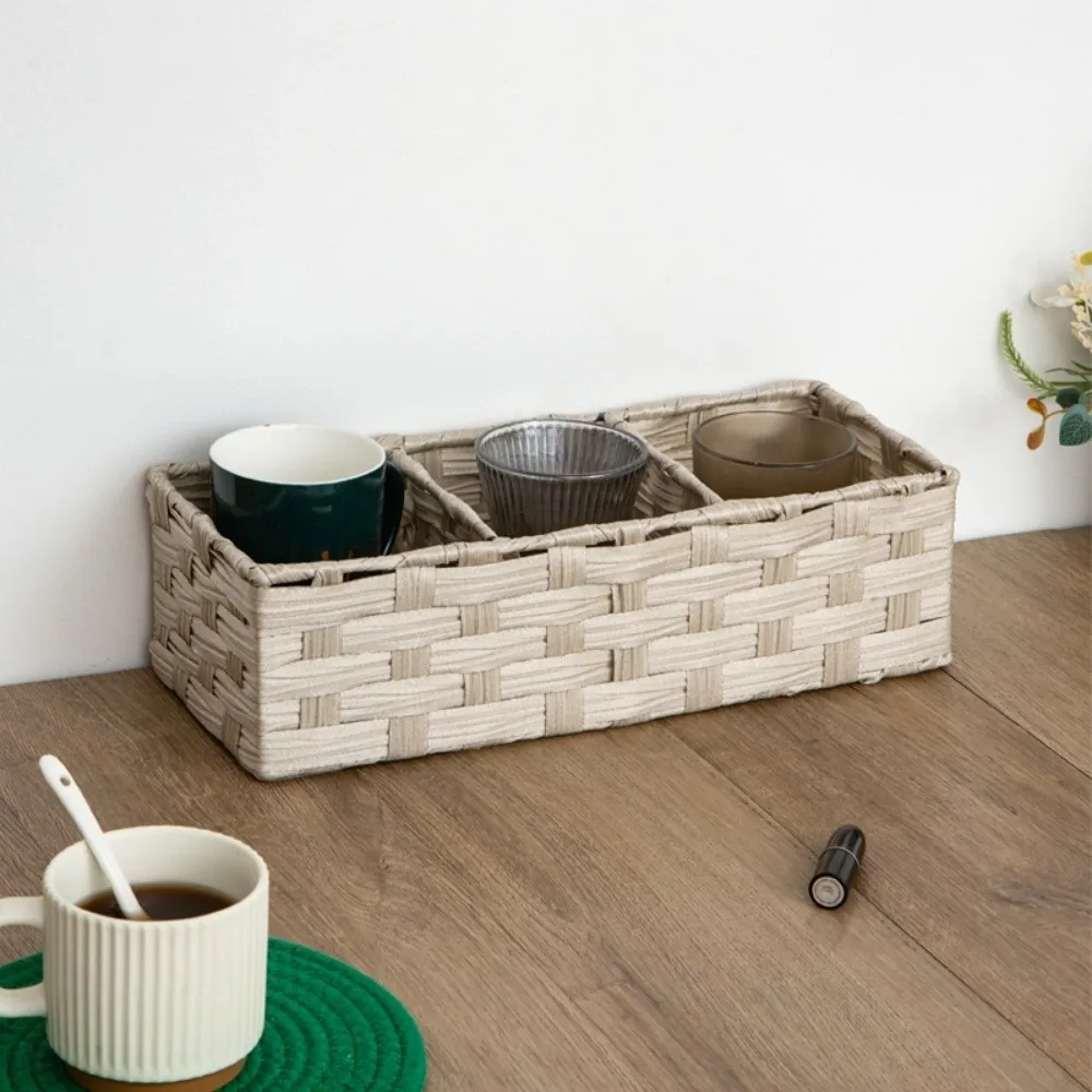 3-Section Storage Box Multi-Purpose Large Capacity Woven Storage Basket Decorative Space Saving Desktop Organizer Desktop