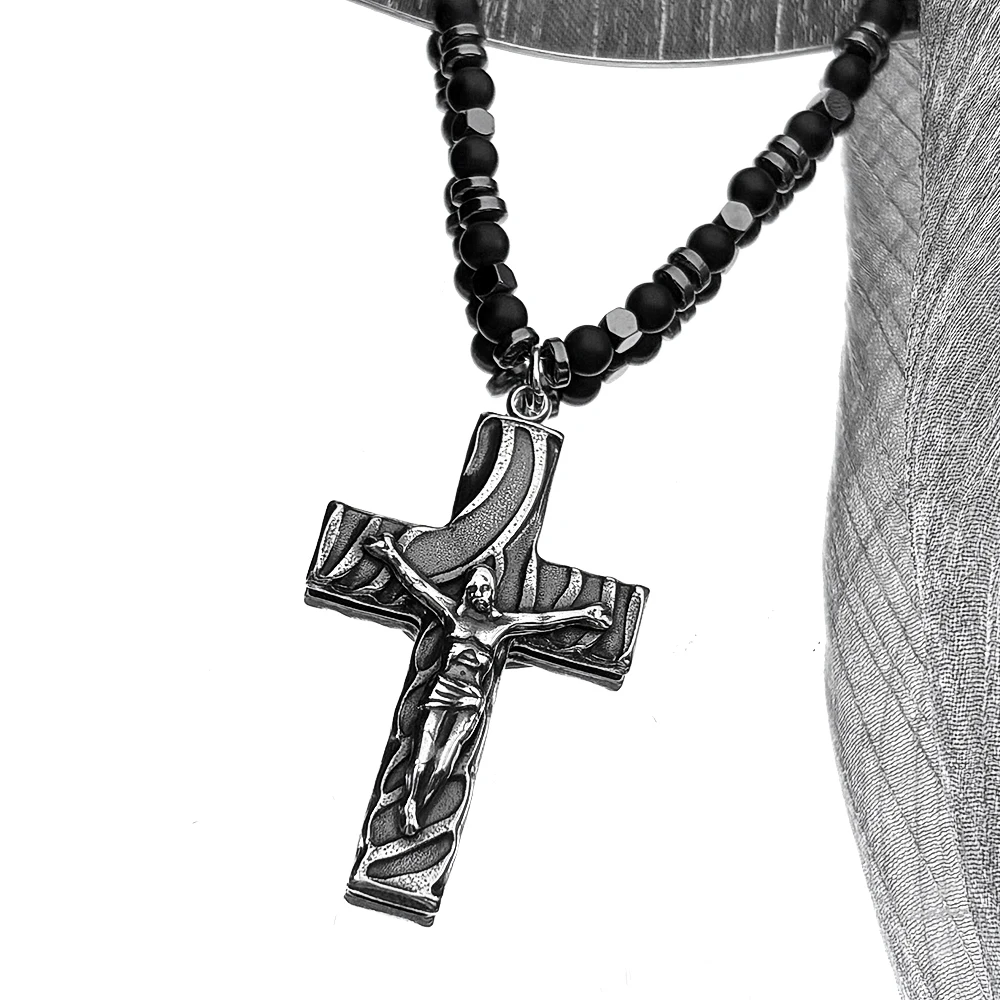 

Retro Jesus Cross Crucifix Pendant Necklace for Women Men Stainless Steel Gun Black Christian Hematite Beaded Chain Jewelry Gift