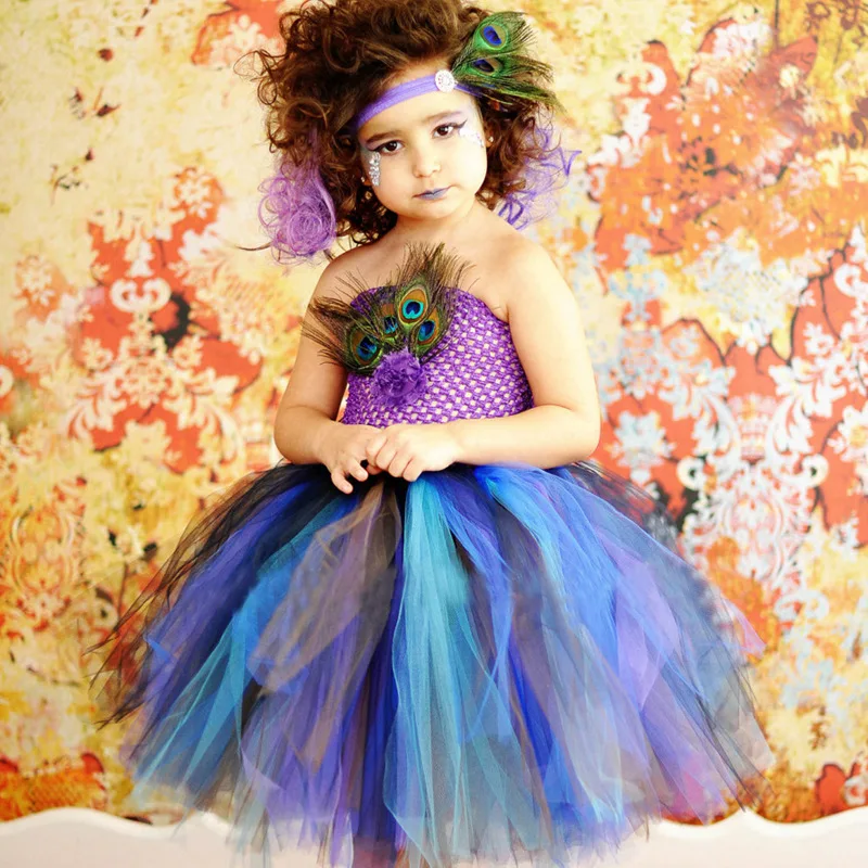 New Halloween Peacock Feather Embellished Tulle Tutu Dress Layered Airy Mesh Gown Plush Ruffled Voluminous Elegant Formal Outfit