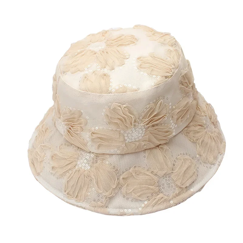 

Lace Flower Bucket Hat Women Summer UV Wide Brim Hat Mesh Visor Cap with Sequins for Outdoor Fashion