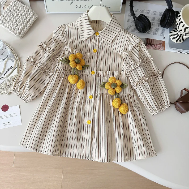 

Children's Striped Sunflower Dress New Autumn Girls Korean Style Fashionable Long Sleeve Shirt Dress Baby Set
