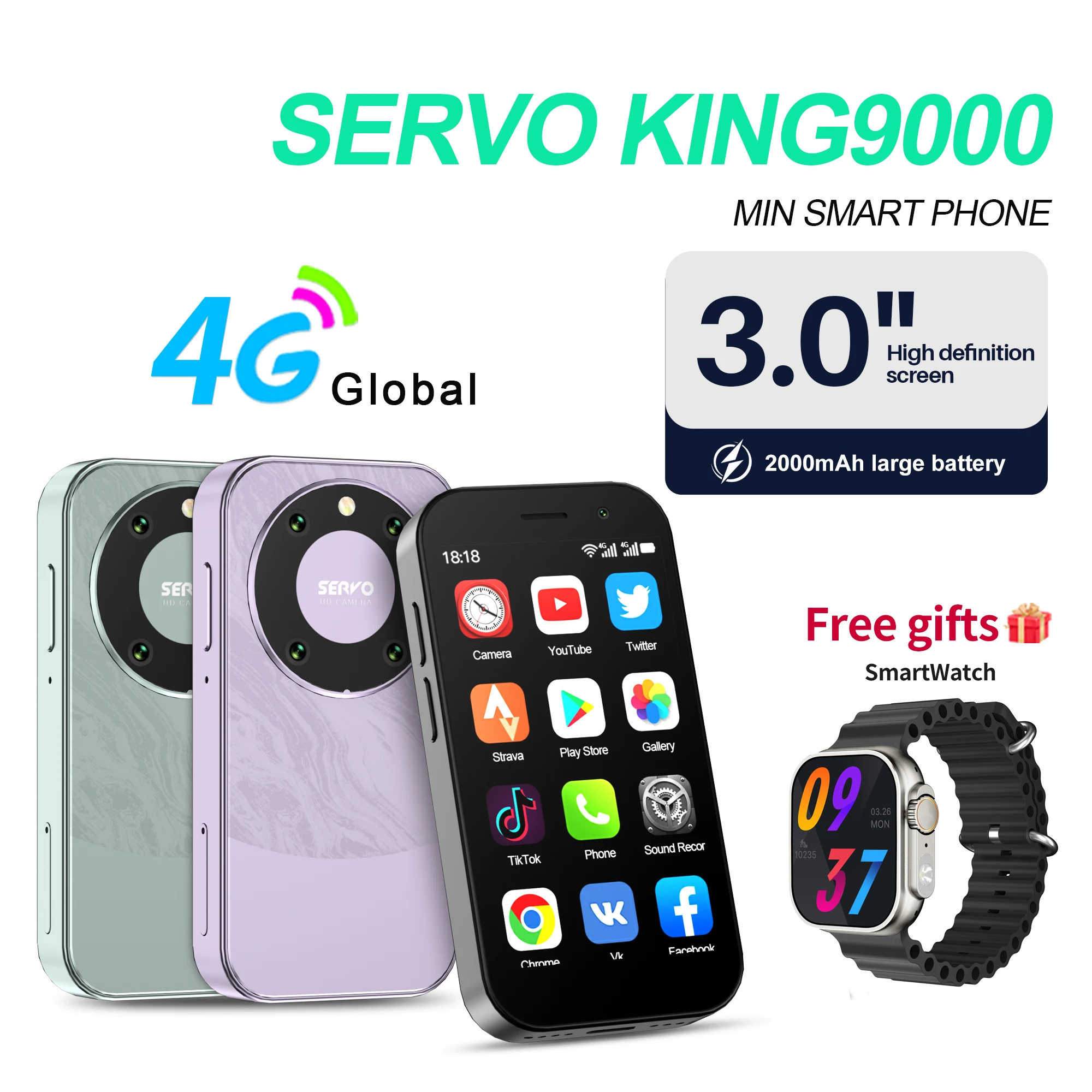 Smartwatch Gift! SERVO KING9000 Mini Smartphone 4G Network Dual SIM Android System 2GB+16GB Face ID GPS 3.0