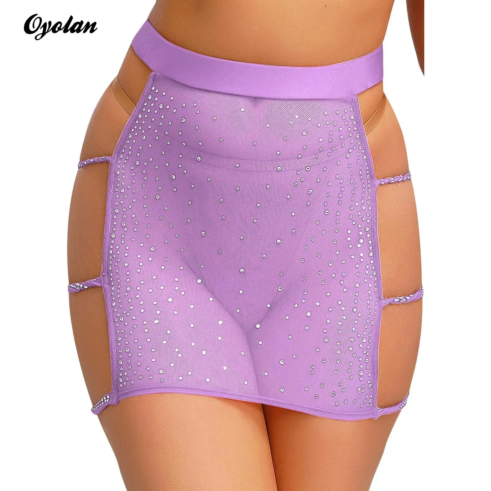 Sexy Womens Side Slit See Through Skirt Sparkly Rhinestone Sheer Mesh Sexy Miniskirt Side Hollow Out Bodycon Skirt Clubwear