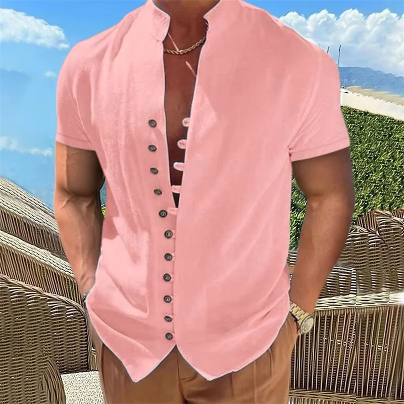 Men's summer short-sleeved shirt beach stand-up collar casual cotton and linen shirt daily vacation wear pink white black blue