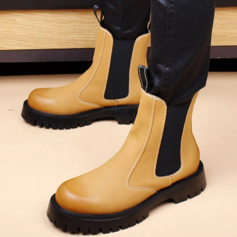 men luxury fashion cosplay stage high chelsea boots original leather shoes cowboy platform boot handsome long motorcycle botas