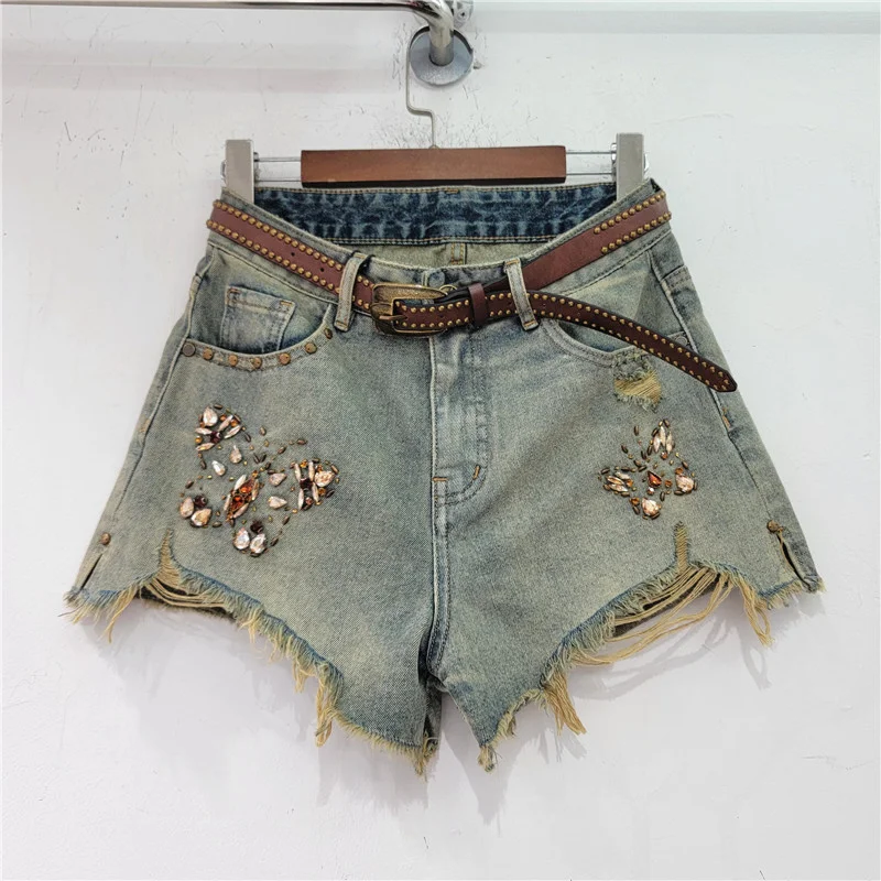 TPJB New Burrs Tassel Denim Shorts For Women Streetwear Beading Diamond High Waist Short Hot Jeans Summer Tide Clothes