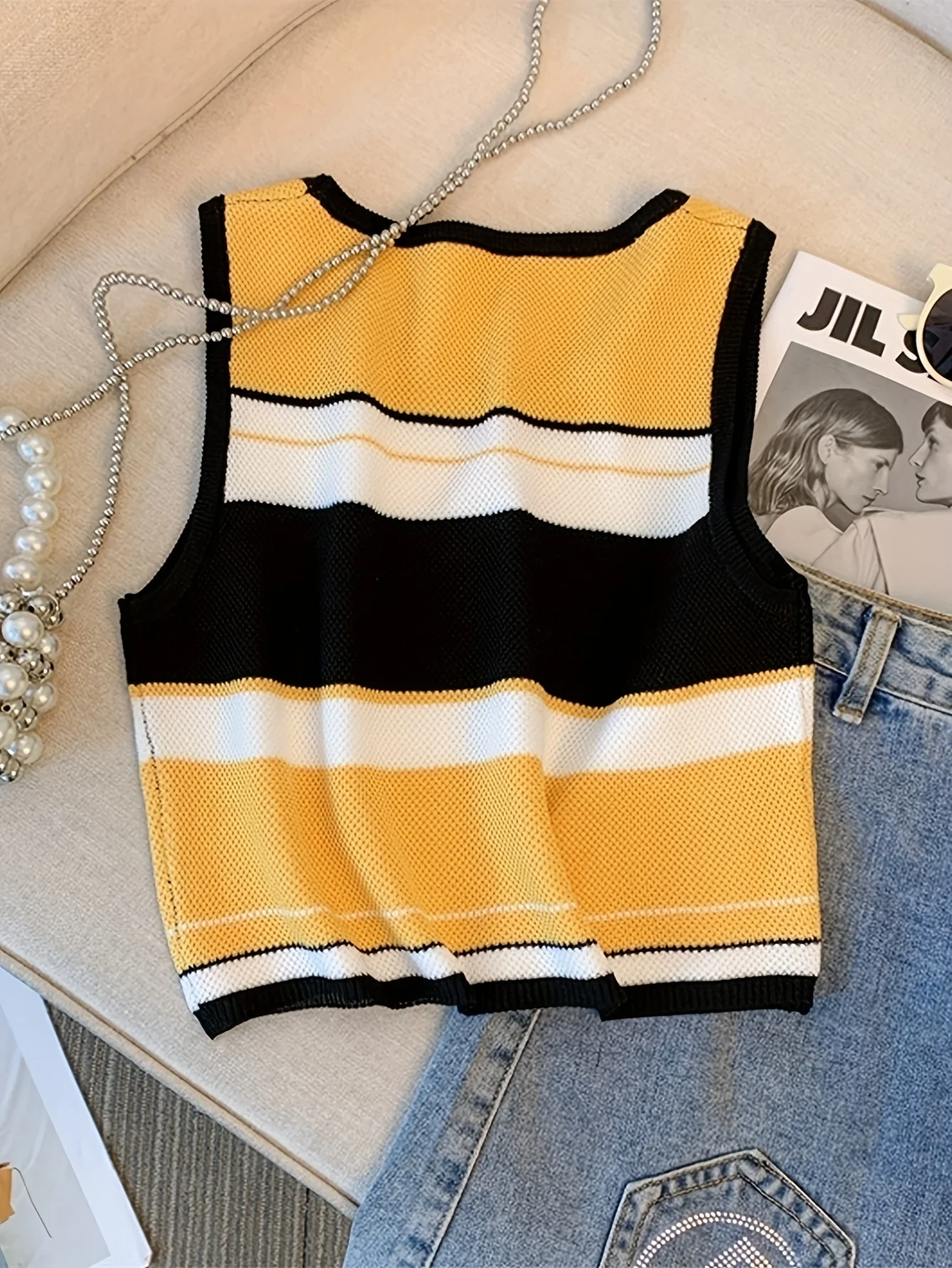 2024 New Yellow Embroidery Letter Print Striped Tank Top Casual Sleeveless Tank Top For Summer Women\'s ClothingElastic  Crop Top