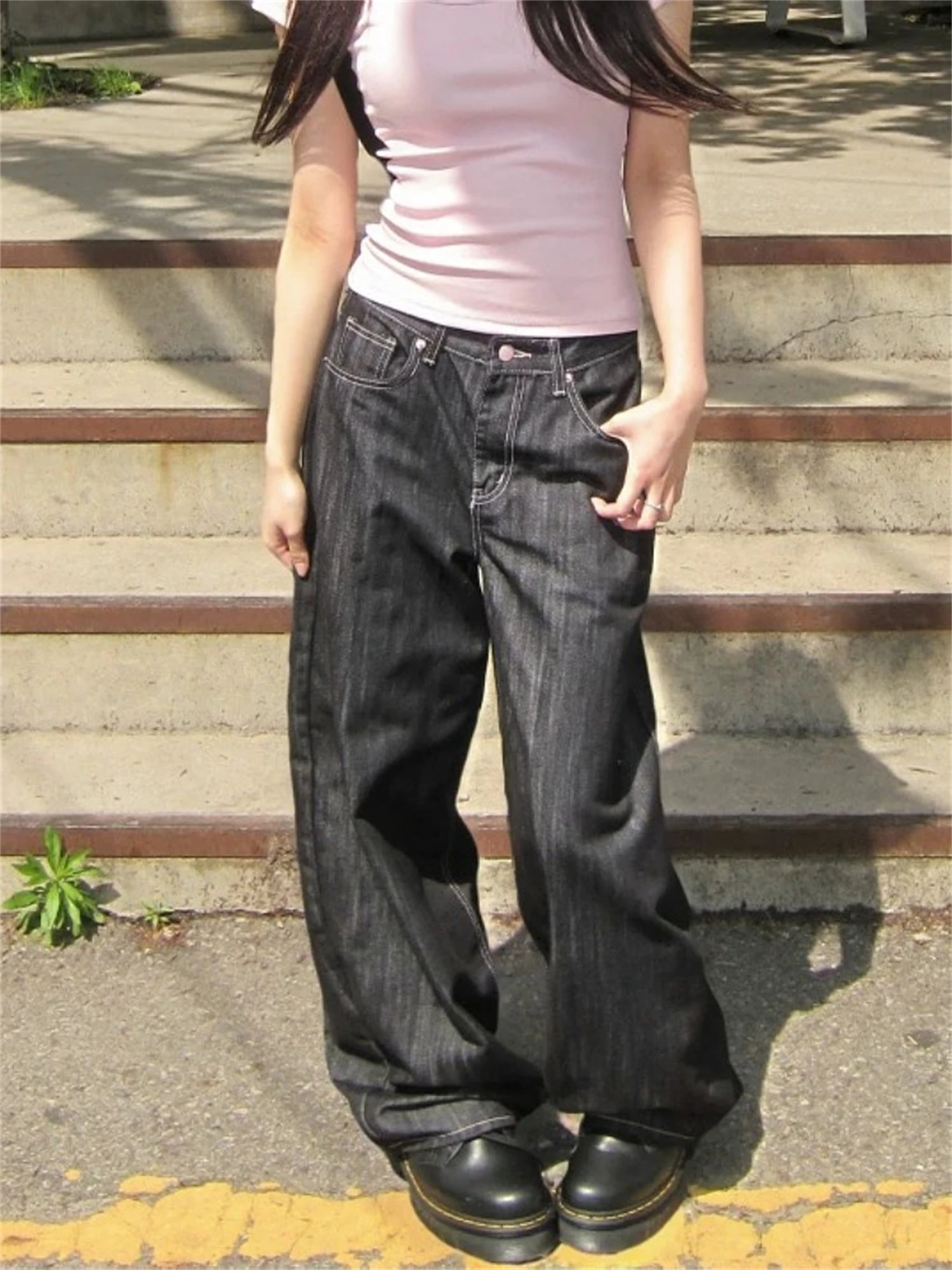 Women's Dark Gray Vintage Wash Oversized Wide Leg Denim Jeans Pink Heart Pocket Y2K Sweet Cool Streetwear Ladies Casual Pants