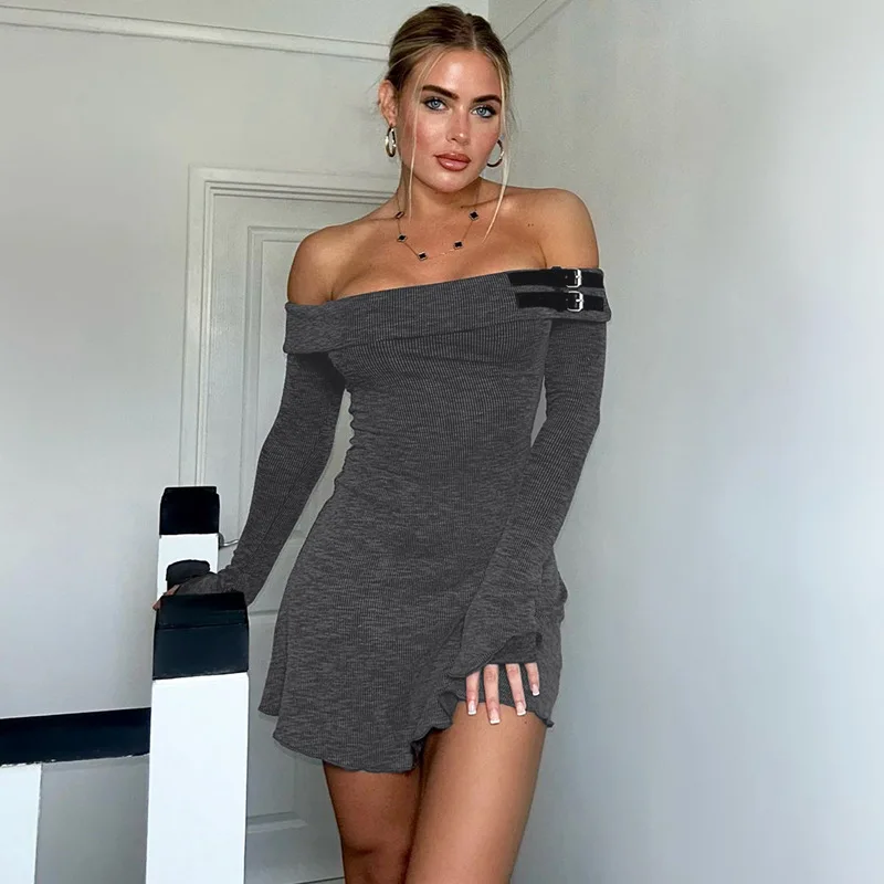 

Talenza One Shoulder High Waist Mini Dress Women's Solid Long Sleeve Sexy Backless A-Line Short Dress Pullover Mini Dress Robe