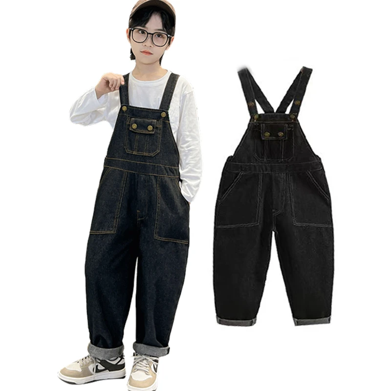 Stylish Children Vintage Black Overall Jeans with Straps For Tween Boy Casual Dungaree Bib Pants Kids Retro Suspender Jumpsuit