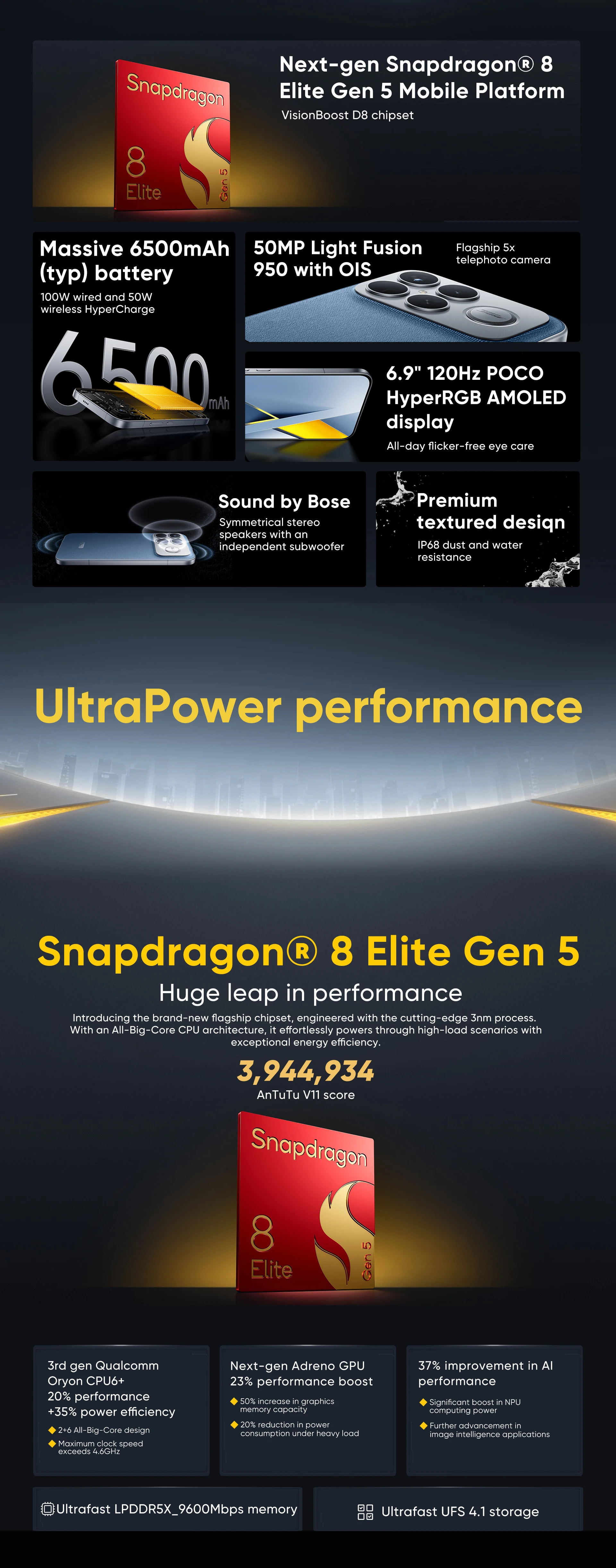 Smartphone POCO F8 Ultra 5G Global Version Snapdragon® 8 Elite Gen 5 6.9' Eye-care AMOLED Display 6500mAh 100W HyperCharge NFC
