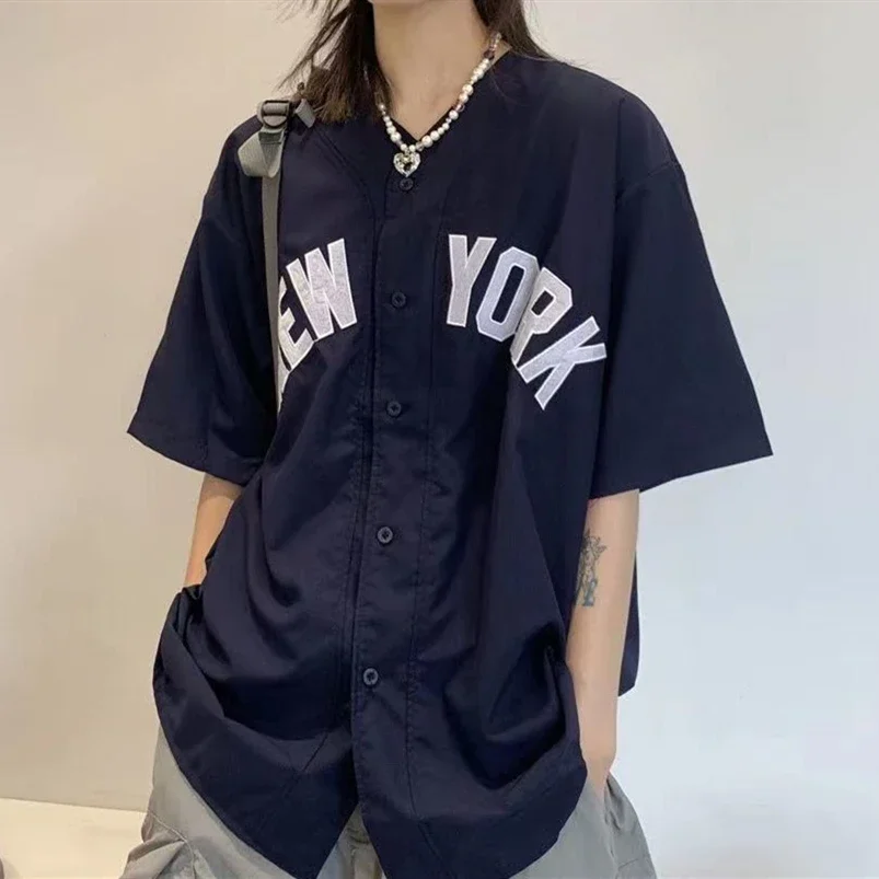 american vintage letter print shirts baseball cardigan khaki navy short sleeve tops summer casual teenage blouses harajuku 2023