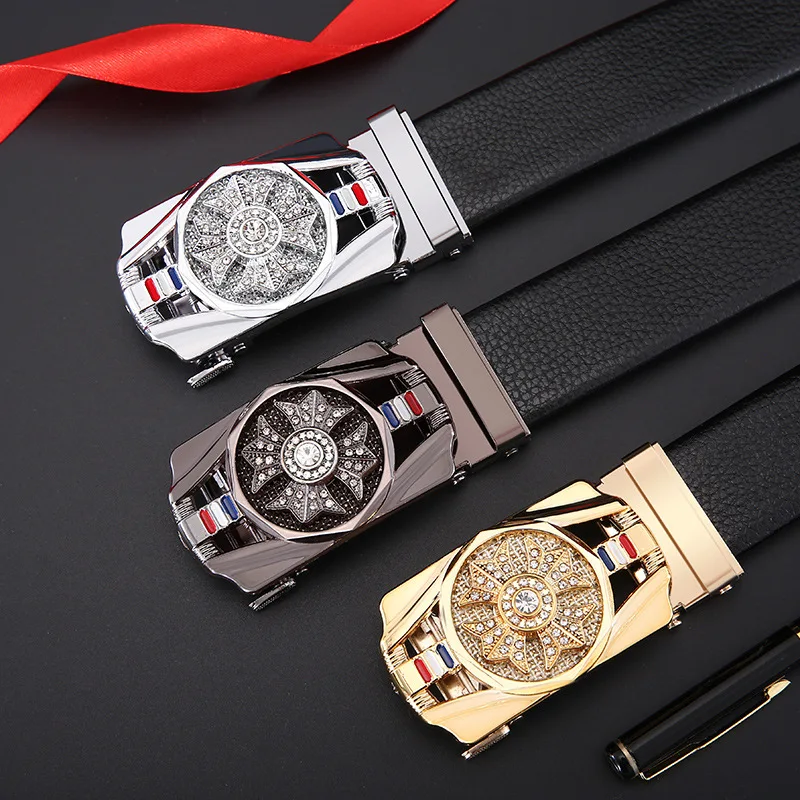 Men's Business-Style Luxury Belt, Men's  Automatic Buckle Belt, Gold Belt Buckle, Rhinestone Accents leather belt men