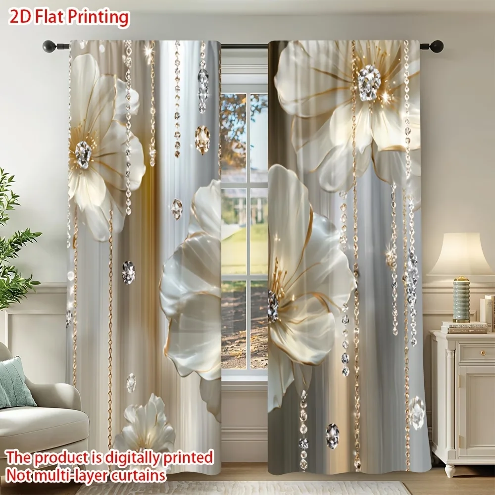 2PCS Digital Printed Curtains, Crystal Flowers Sparkling Floral Fantasy, Window Curtains for Living Room Bedroom Home Decoration