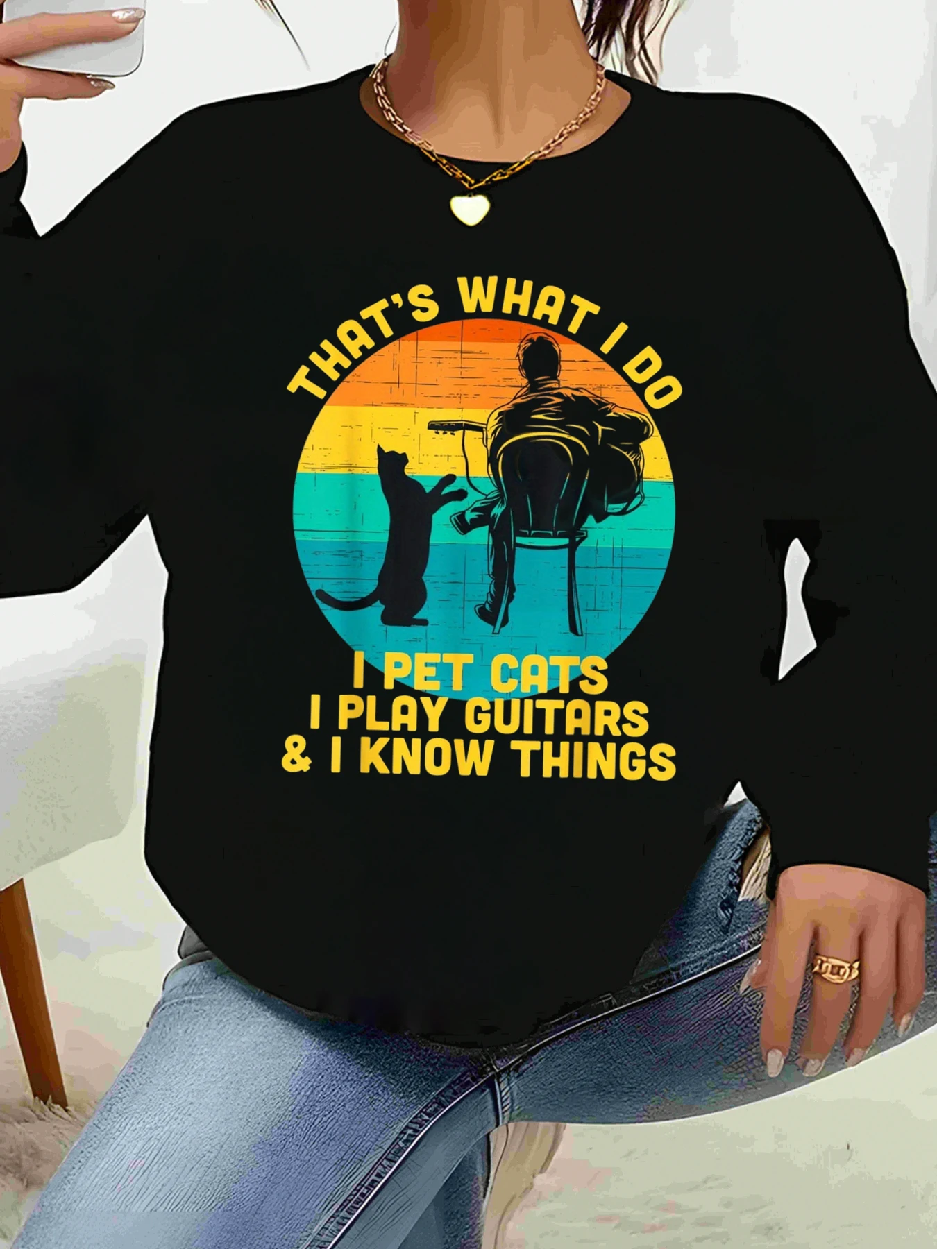 

Винтажная футболка с длинными рукавами и принтом кота и гитары, повседневная одежда для женщин, повседневная одежда