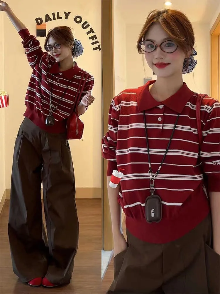 

Retro American Red Striped Ne Long Sve T-irt Women's Loose Slimming Korean Version oulder Top Spring Season