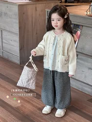 Sweater Pants Girl Autumn 2024 New Western Style Korean Knitting Cardigan Floral Cute Comfortable Sweet Active