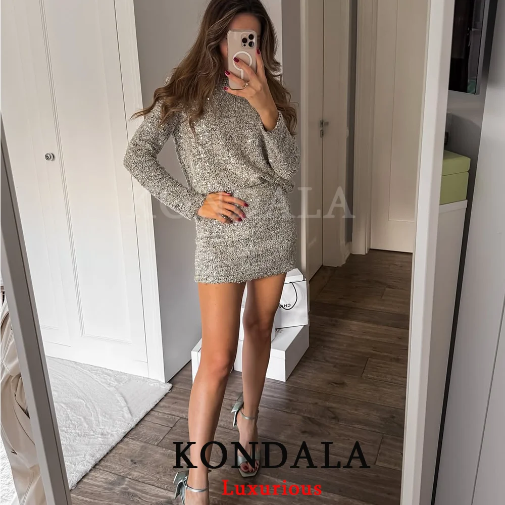 

KONDALA сексуальные шикарные серые вечерние костюмы с блестками, женские свободные топы с круглым вырезом и длинными рукавами, мини-юбки, модный рождественский наряд 2025 года