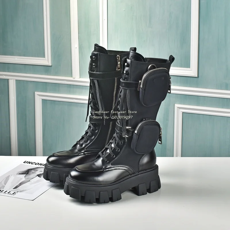 

Genuine Leather Zip Pocket Tall Combat Boots Black Platform Knee High Boots Cross Tied Chunky Heel Lace-up/zip vamp Size 35-41