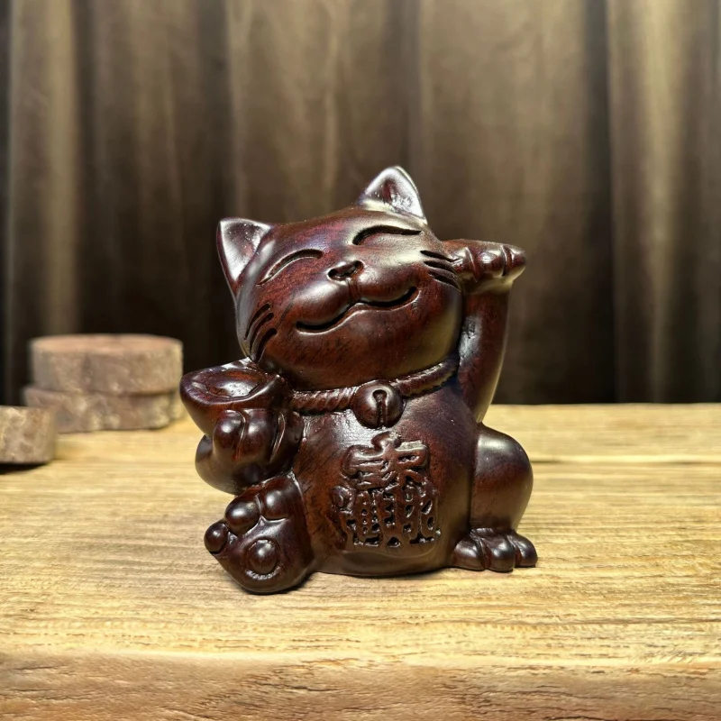Rosewood Carved Ornament Lucky Cat Solid Wood Carving Home Living Room Store Opening Cashier Counter Craft Gift
