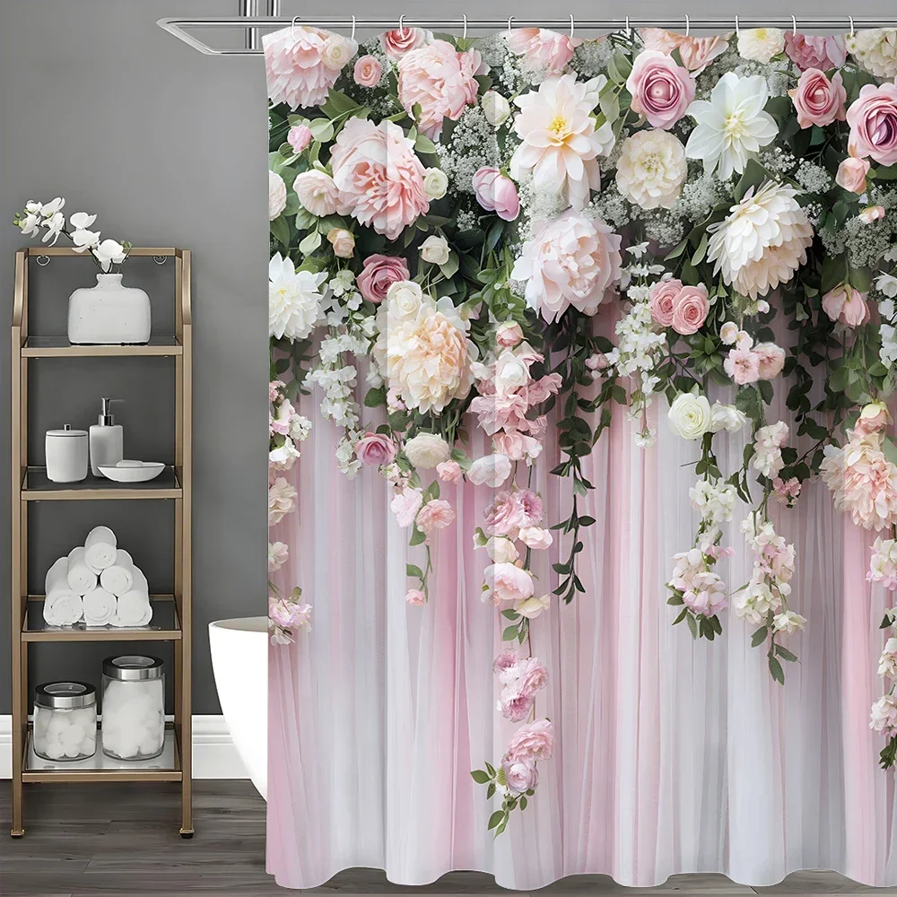 Charming Floral Shower Curtain for a Romantic Bathroom, Featuring Cascading Pink and White Flowers with Lush Greenery.