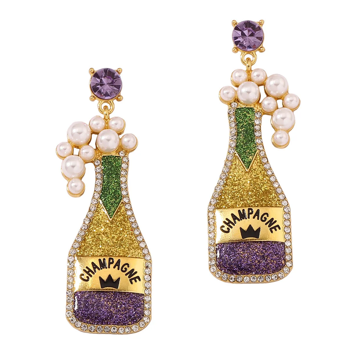 

Mardi Gras Rhinestone Champagne Bottle Earrings for Women Mardi Gras Champagne & Bubbles Earrings - Holiday Party Celebration