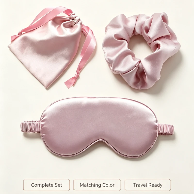 Imitation Silk Eyeshade Hair Scrunchie Storage Bag Set Light Block Mask Soft Skin Friendly Blindfold For Flight Overnight Relax