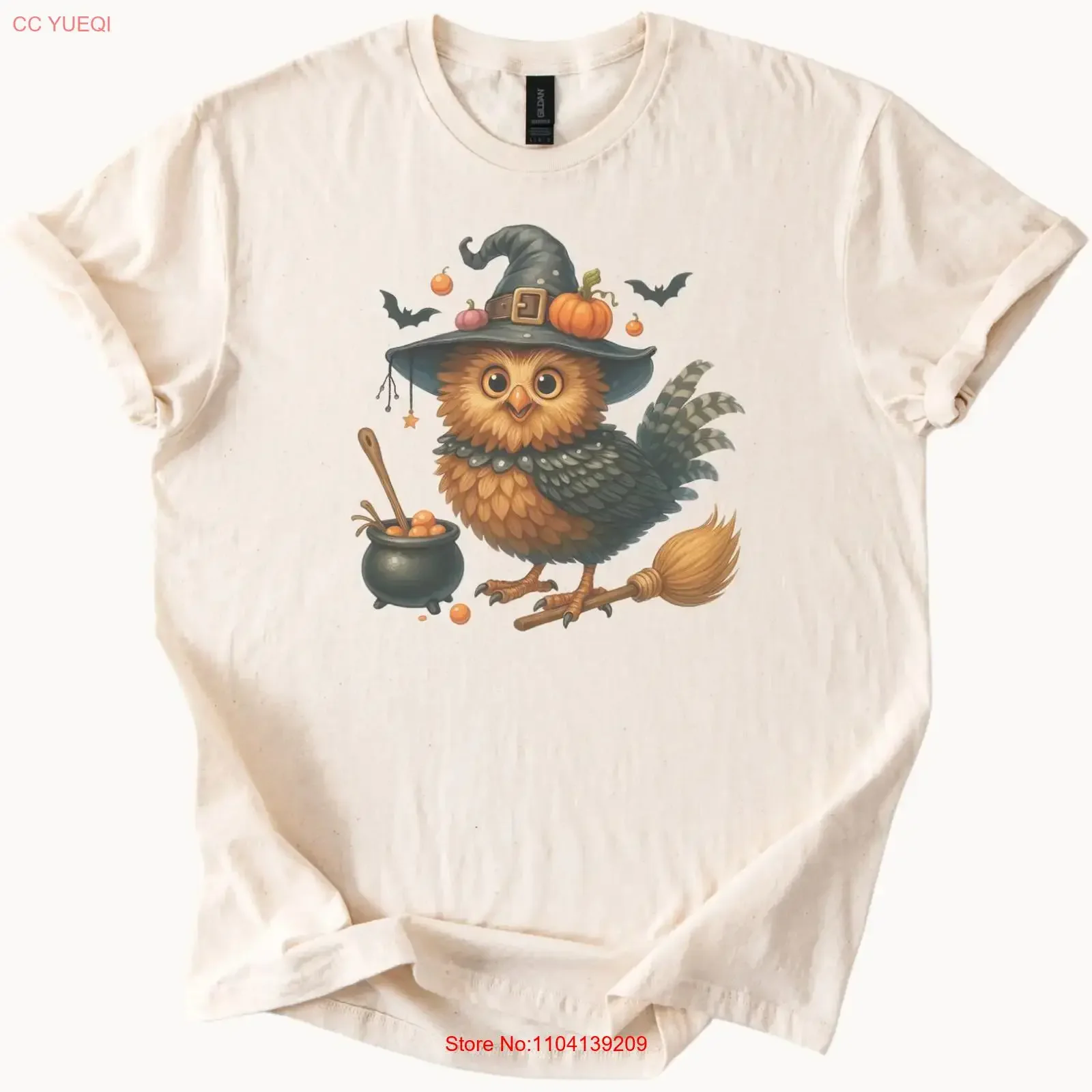Halloween Owl Witch T Shirt with Cauldron Pumpkins and Bats Fall  vintage Washed Soft Top For Everyday Wear Breathable