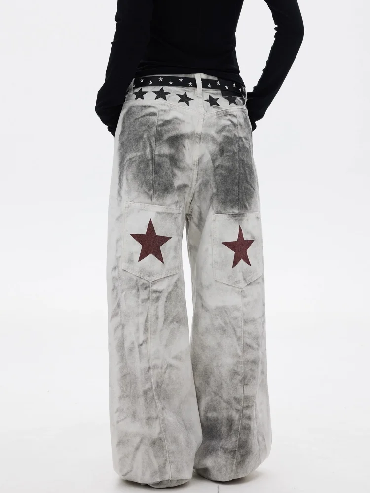 2025 cyber y2k streetwear sujo lavado branco nota musical impresso calças jeans femininas para roupas femininas perna larga calças compridas