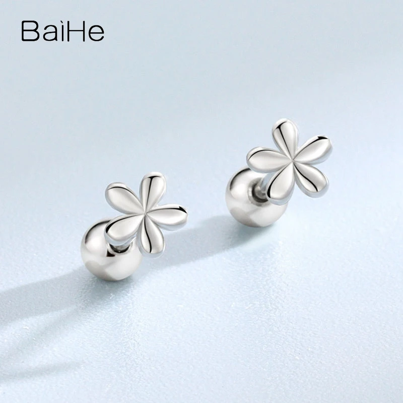 BAIHE Solid 14K White/Yellow/Rose Gold Flower Stud earrings for women men Trendy Daily wear Wedding Engagement Gift Fine Jewelry