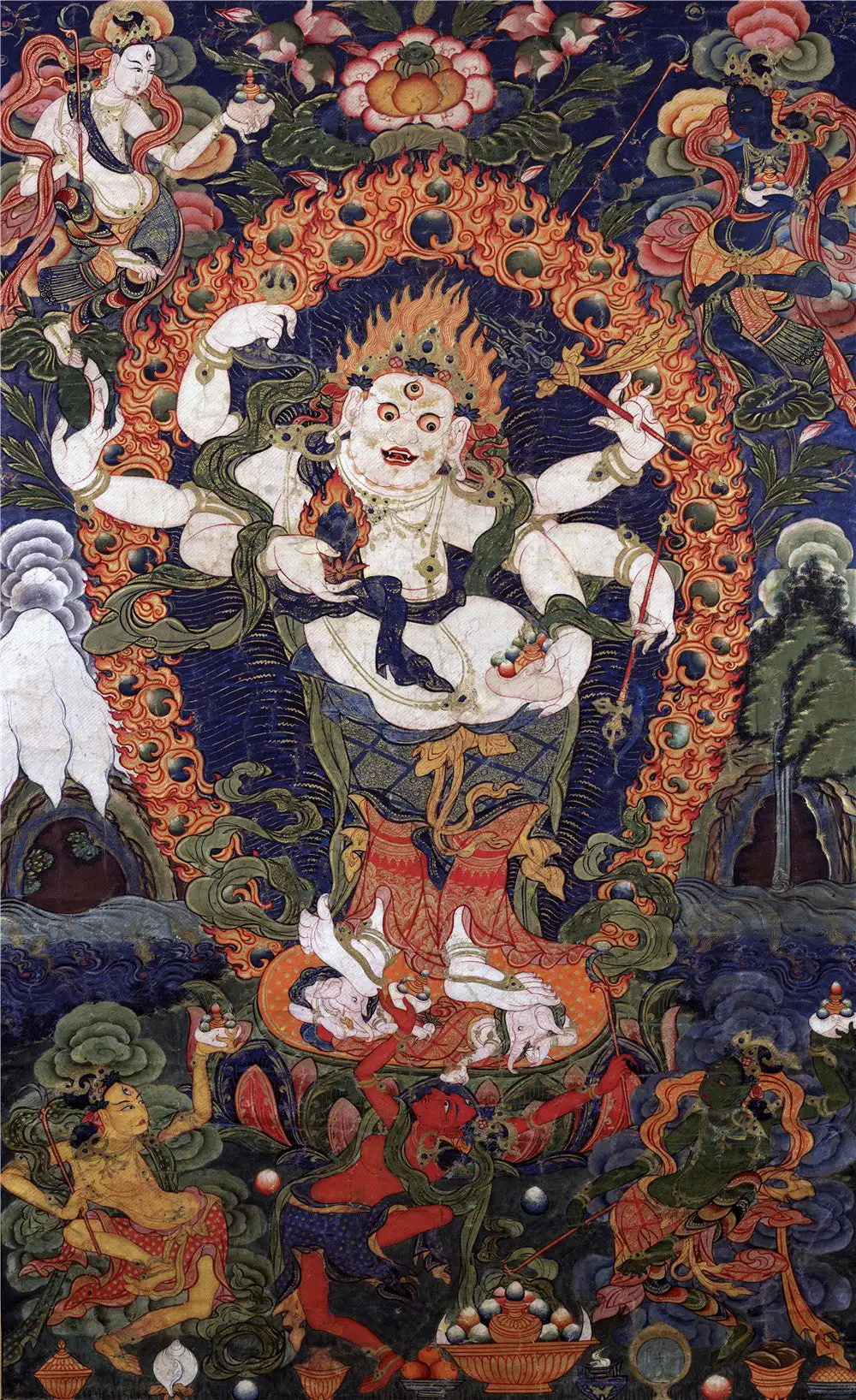 

White Mahakala Thangka(17th Century Old Version),Gandhanra Tibetan Buddhist Thangka Art,Giclee Printed and Hand Framed,47" × 32"