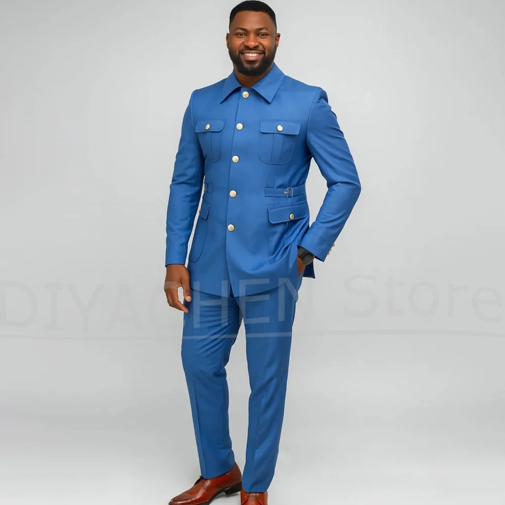 

Men Suits 2 Piece Fashion Stand Collar Four Pockets Single Breasted Outfits Slim Chic Business Casual Wedding Party Tuxedos