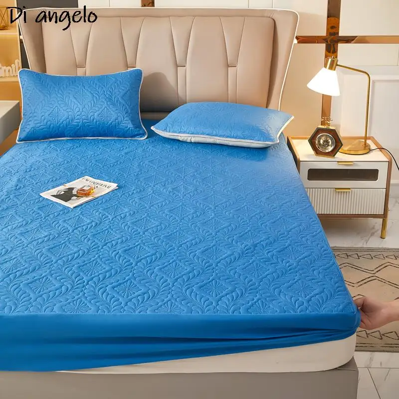 1PC Solid Color Quality Thickened Quilted Fitted Sheet Bed Sheet With Elastic Band Mattress Cover Bed Sheet Pillowcase Queen #/