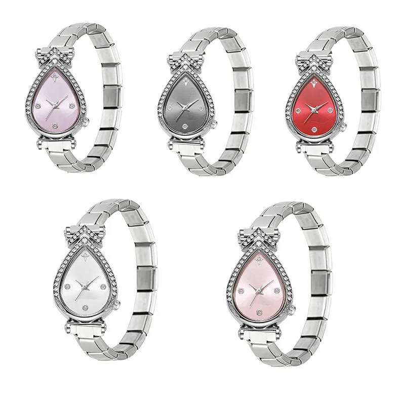 Ins Style Teardrop Shape Quartz Wrist Watch Bling Crystal Bezel RemovableModule Watch Head Stainless Steel Bracelet Lady Jewelry